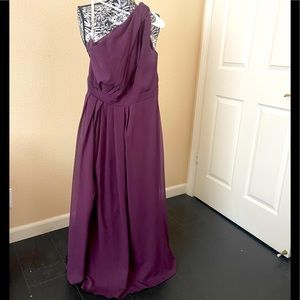 Plum long chiffon one-shoulder gown by David’s Bridal